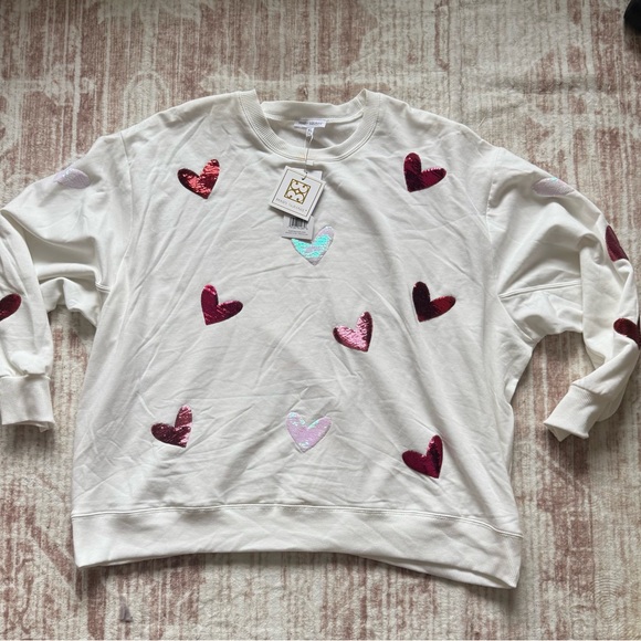Mary Square XL Sequin Heart Sweatshirt Cream Valentine NWT Oversized - Picture 2 of 5
